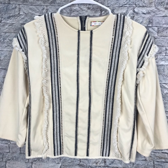Anthropologie Eri + Ari Cream Lace tasseled 3/4 Sleeve Top Size XXSmall Petite - Picture 1 of 14